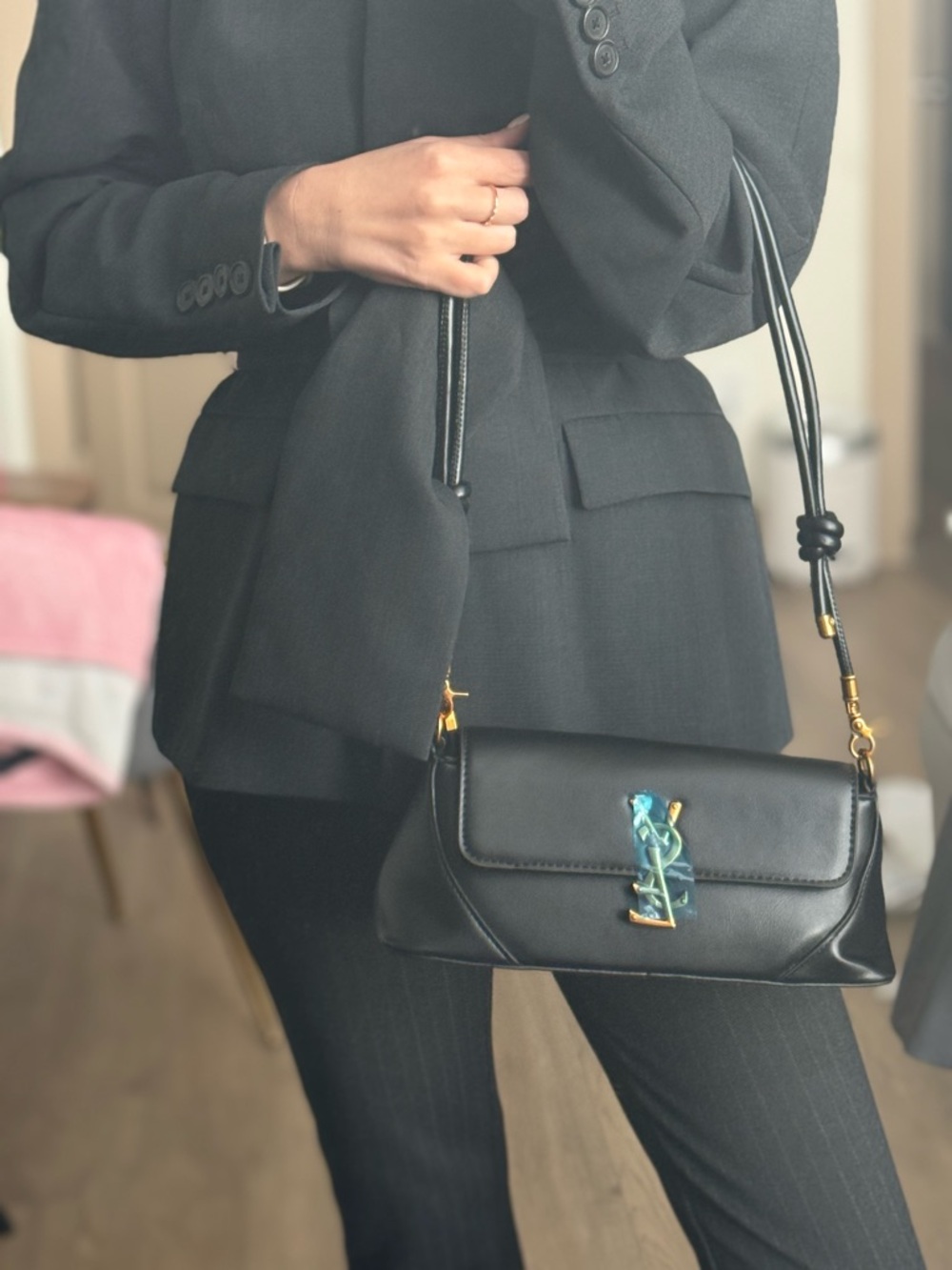 Black faux Leather Shoulder Bag with Decorative Logo Accent